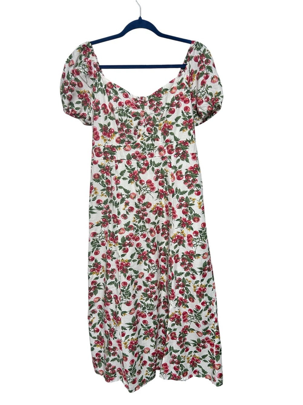 Japna Tomato Print Puff Sleeve Dress | Cottagcore Midi Dress | Size L